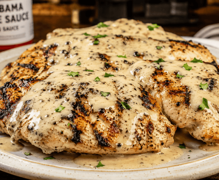 Front view of grilled chicken breasts covered in creamy Alabama white sauce on a rustic plate.