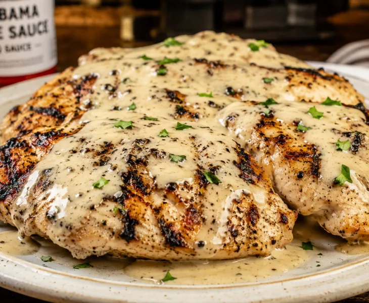Front view of grilled chicken breasts covered in creamy Alabama white sauce on a rustic plate.