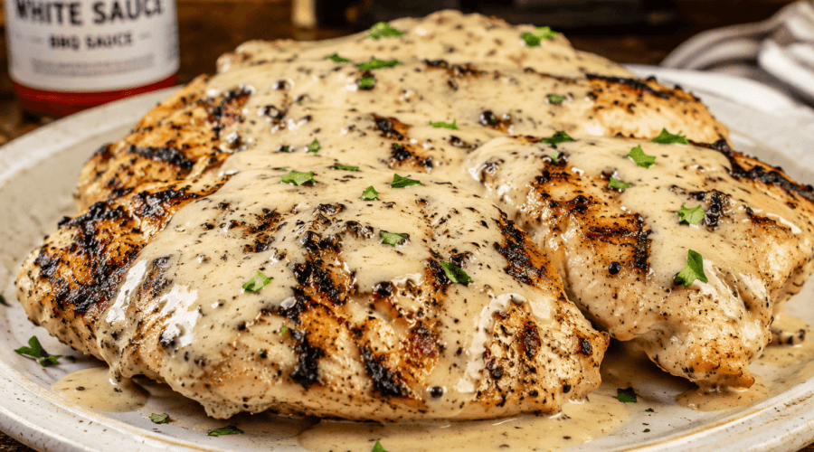 Front view of grilled chicken breasts covered in creamy Alabama white sauce on a rustic plate.