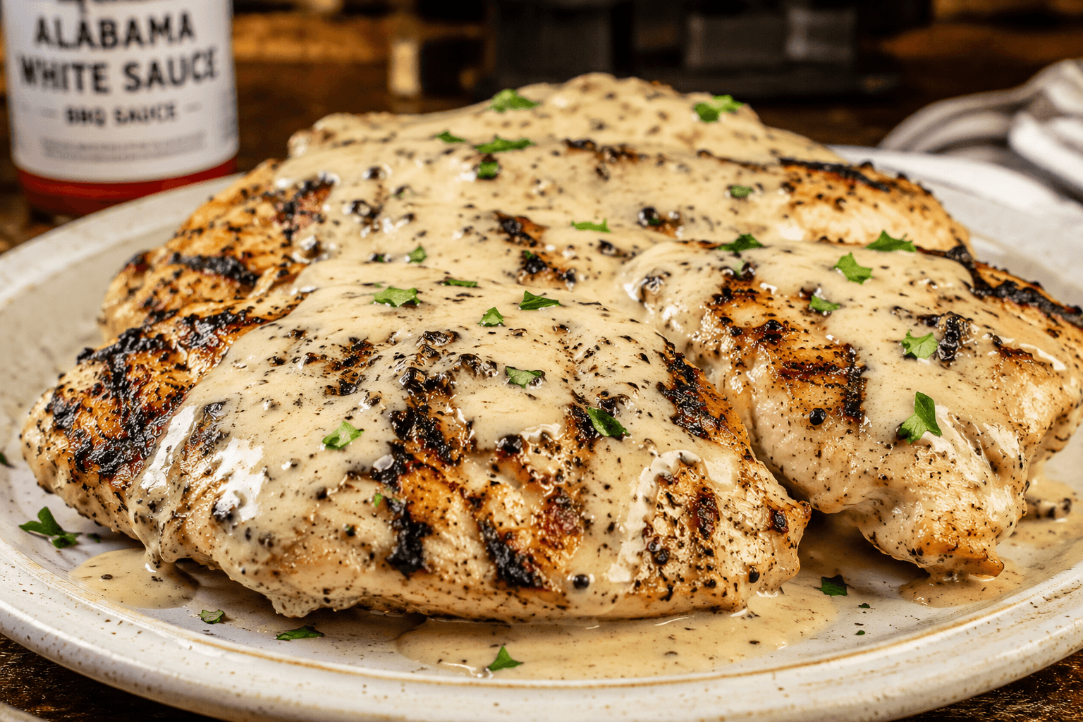 Front view of grilled chicken breasts covered in creamy Alabama white sauce on a rustic plate.