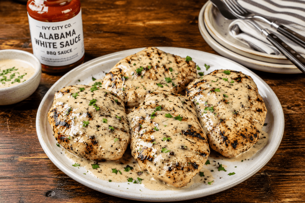 Zoomed-out view of Alabama white sauce grilled chicken served on a plate with extra sauce and rustic table styling.