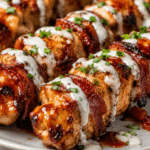 Close-up of BBQ bacon ranch chicken kabobs drizzled with creamy ranch sauce and garnished with fresh herbs.