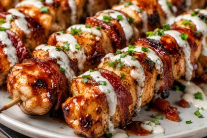 Close-up of BBQ bacon ranch chicken kabobs drizzled with creamy ranch sauce and garnished with fresh herbs.