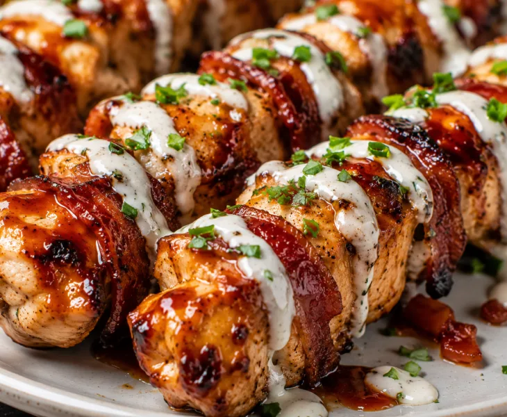 Close-up of BBQ bacon ranch chicken kabobs drizzled with creamy ranch sauce and garnished with fresh herbs.