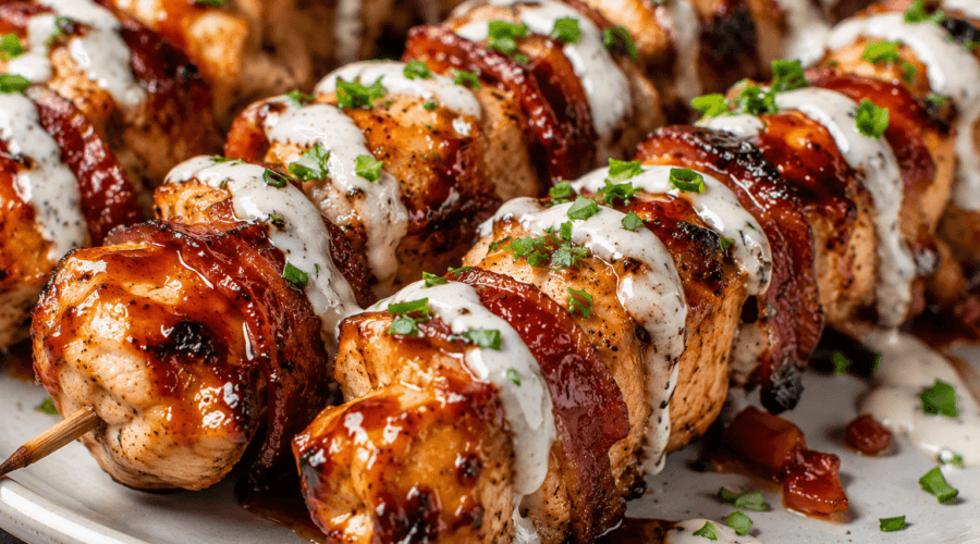 Close-up of BBQ bacon ranch chicken kabobs drizzled with creamy ranch sauce and garnished with fresh herbs.