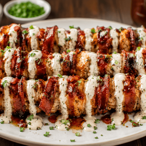 Front view of plated BBQ bacon ranch chicken kabobs topped with ranch sauce and barbecue glaze.