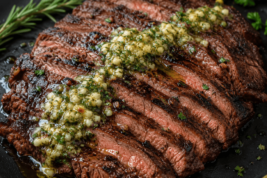 Close-up of sliced cowboy butter grilled flank steak topped with melted garlic herb butter, showing juicy medium-rare steak with charred grill marks and fresh herbs.