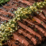Close-up of sliced cowboy butter grilled flank steak topped with melted garlic herb butter, showing juicy medium-rare steak with charred grill marks and fresh herbs.