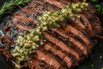 Close-up of sliced cowboy butter grilled flank steak topped with melted garlic herb butter, showing juicy medium-rare steak with charred grill marks and fresh herbs.