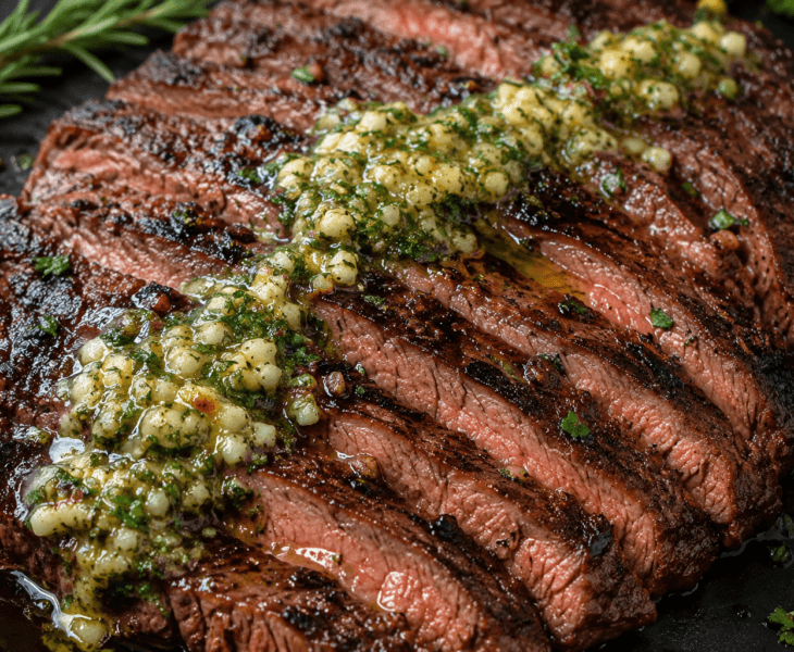 Close-up of sliced cowboy butter grilled flank steak topped with melted garlic herb butter, showing juicy medium-rare steak with charred grill marks and fresh herbs.