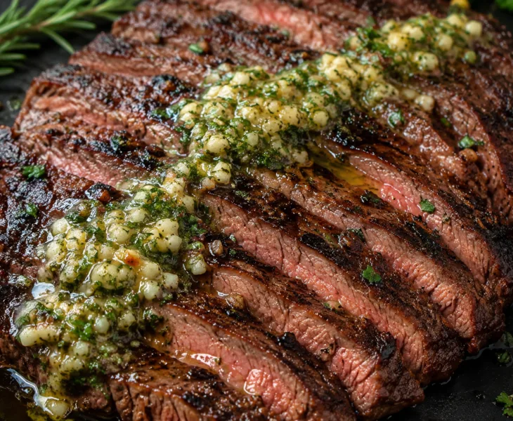 Close-up of sliced cowboy butter grilled flank steak topped with melted garlic herb butter, showing juicy medium-rare steak with charred grill marks and fresh herbs.