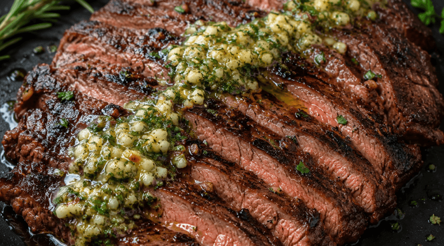 Close-up of sliced cowboy butter grilled flank steak topped with melted garlic herb butter, showing juicy medium-rare steak with charred grill marks and fresh herbs.