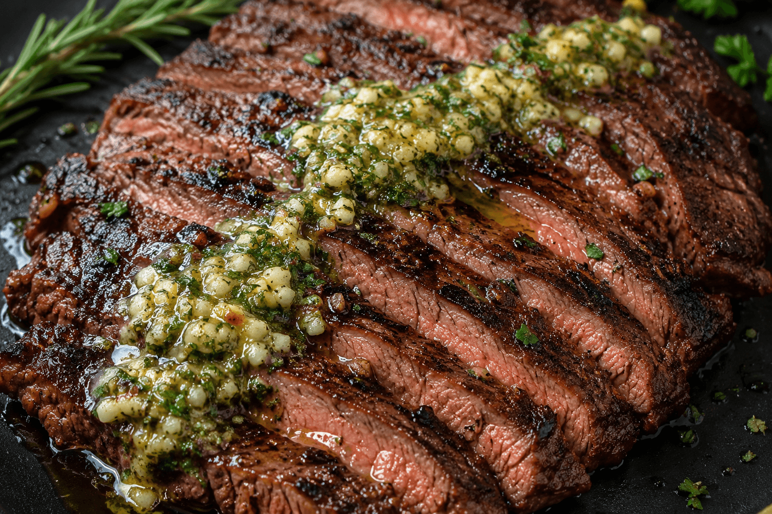 Close-up of sliced cowboy butter grilled flank steak topped with melted garlic herb butter, showing juicy medium-rare steak with charred grill marks and fresh herbs.