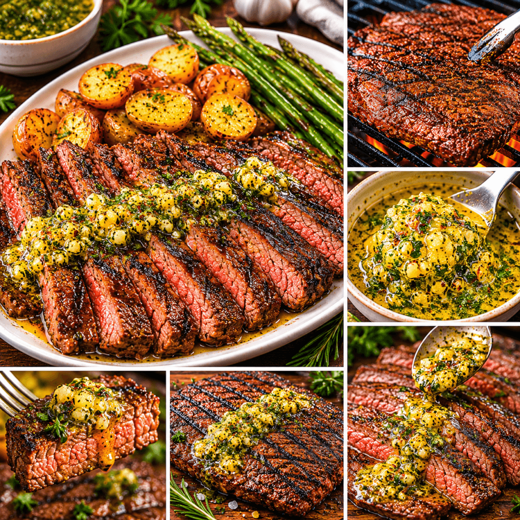 Collage showing cowboy butter grilled flank steak plated, sliced, grilling on barbecue, and garlic herb butter close-up.