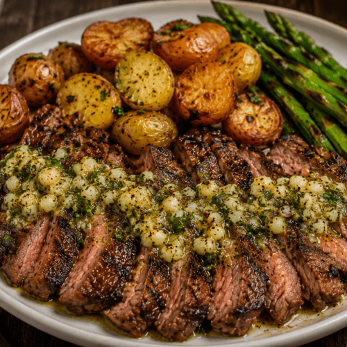 Front view plated cowboy butter grilled flank steak served with roasted potatoes and asparagus, topped with garlic herb butter.