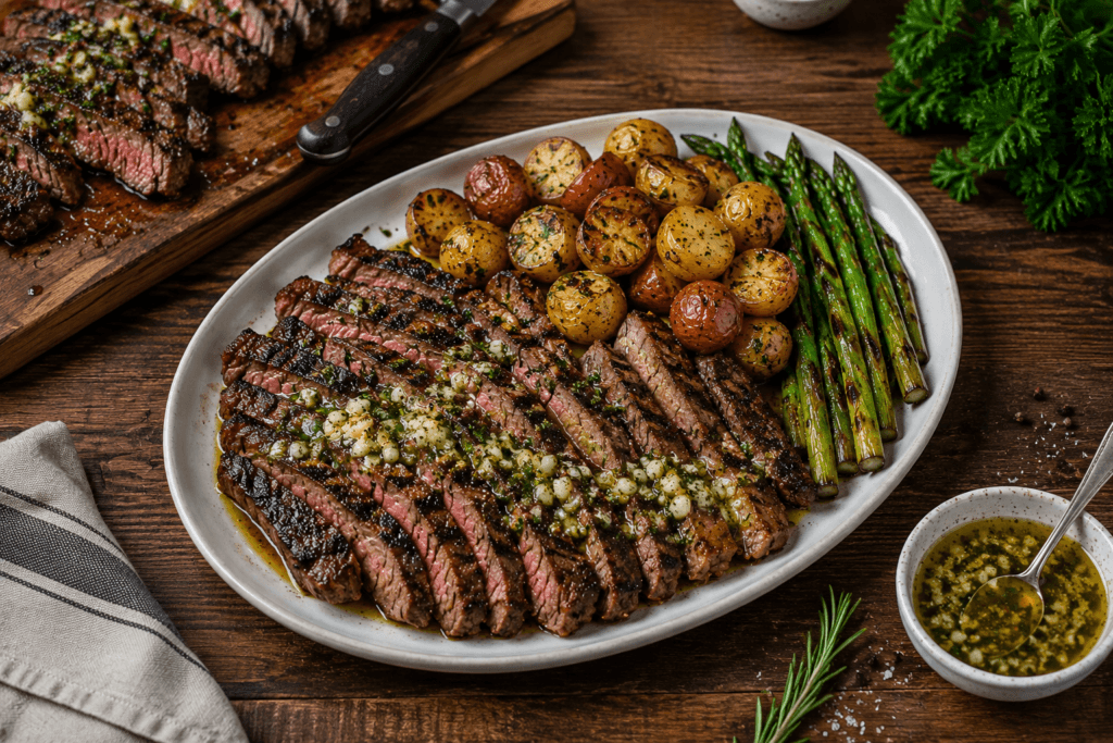 Zoomed-out table presentation of cowboy butter grilled flank steak with sides, garlic herb butter sauce, and rustic dinner styling.