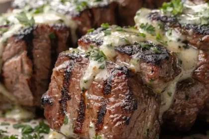 Close-up of juicy grilled steak kabobs topped with garlic herb butter, fresh parsley, and charred barbecue seasoning.