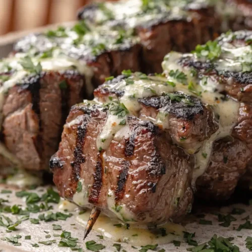 Close-up of juicy grilled steak kabobs topped with garlic herb butter, fresh parsley, and charred barbecue seasoning.
