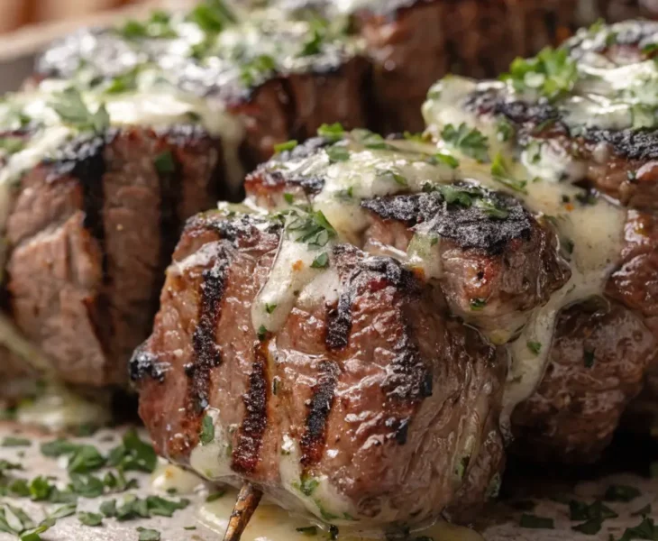 Close-up of juicy grilled steak kabobs topped with garlic herb butter, fresh parsley, and charred barbecue seasoning.