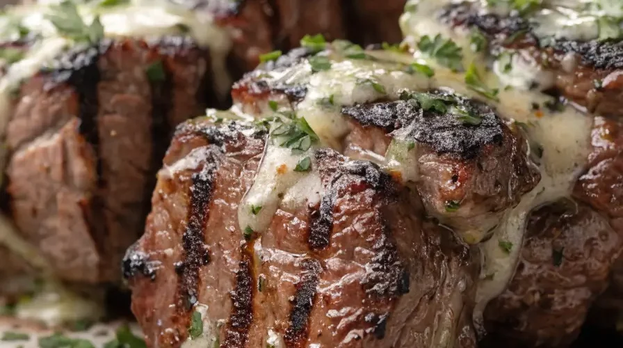Close-up of juicy grilled steak kabobs topped with garlic herb butter, fresh parsley, and charred barbecue seasoning.