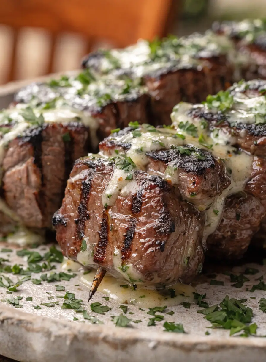 Close-up of juicy grilled steak kabobs topped with garlic herb butter, fresh parsley, and charred barbecue seasoning.