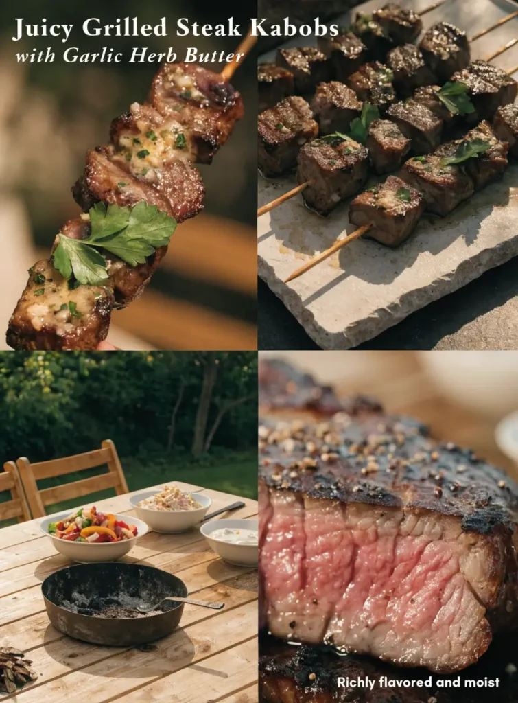 Collage featuring grilled steak kabobs with garlic herb butter from close-up, front-view, table presentation, and texture-focused angles.
