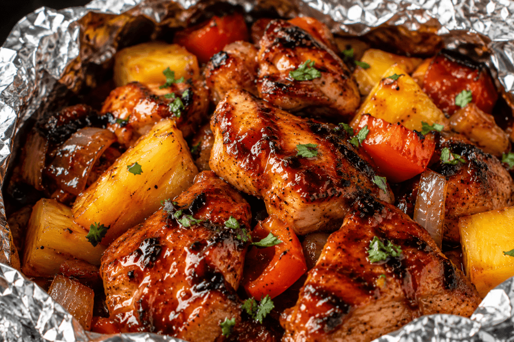 Close-up of Hawaiian BBQ chicken foil packets with juicy grilled chicken, pineapple chunks, peppers, onions, and barbecue glaze.