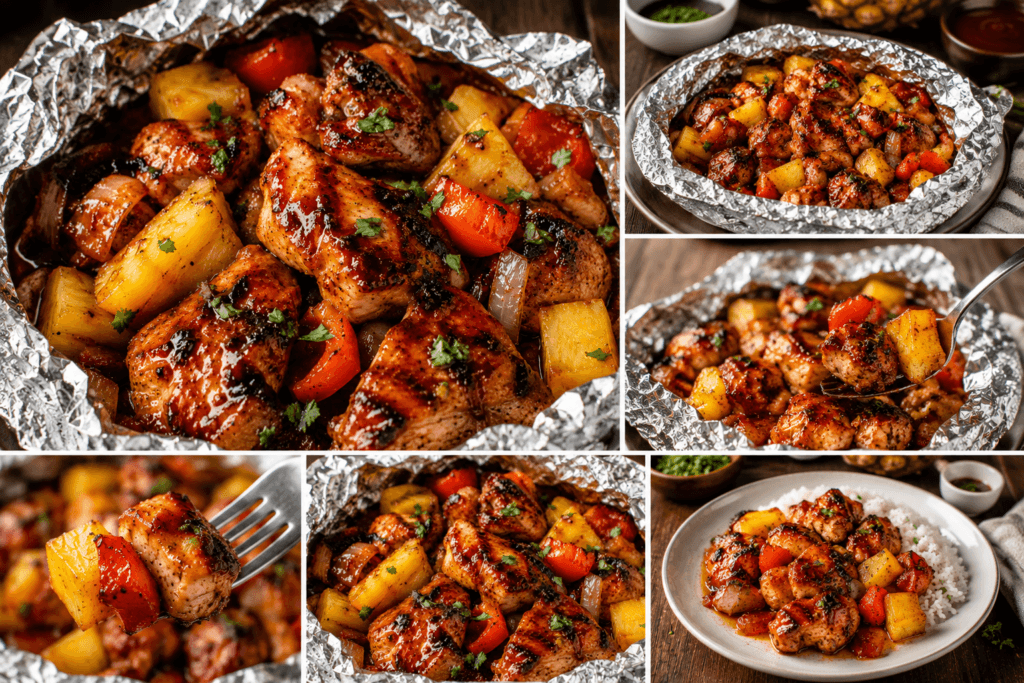 Collage of Hawaiian BBQ chicken foil packets showing close-up, plated, bite detail, and serving presentation views.