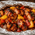 Front view of Hawaiian BBQ chicken foil packets with pineapple, peppers, onions, and glazed grilled chicken on a plate.