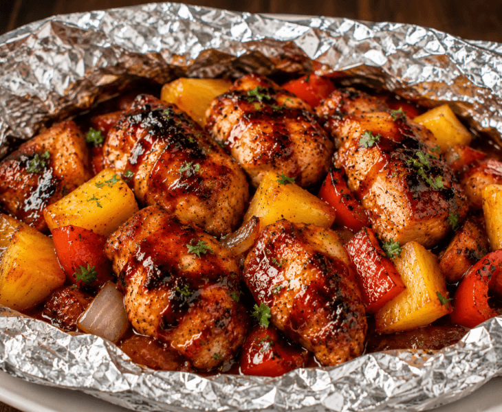Front view of Hawaiian BBQ chicken foil packets with pineapple, peppers, onions, and glazed grilled chicken on a plate.