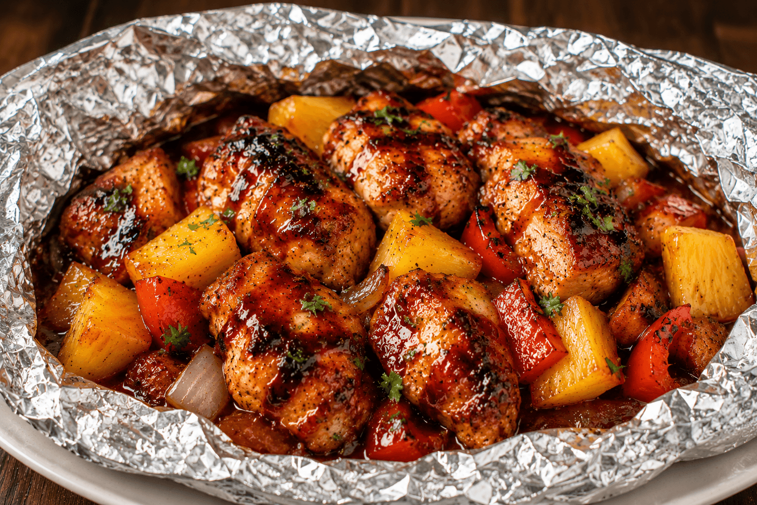 Front view of Hawaiian BBQ chicken foil packets with pineapple, peppers, onions, and glazed grilled chicken on a plate.