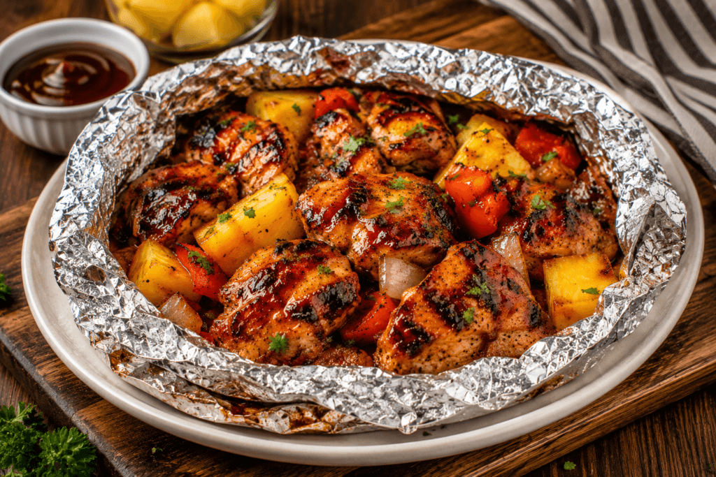 Zoomed-out plated view of Hawaiian BBQ chicken foil packets with pineapple, barbecue sauce, and rustic table styling.