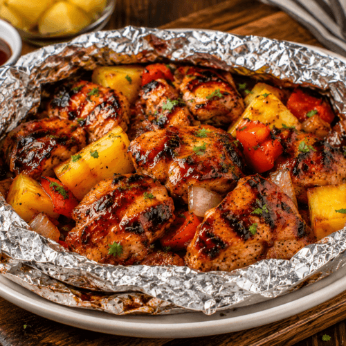 Zoomed-out plated view of Hawaiian BBQ chicken foil packets with pineapple, barbecue sauce, and rustic table styling.