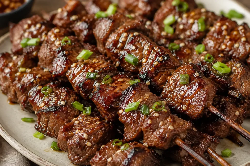 Close-up of juicy Korean BBQ beef skewers coated in a sweet and savory glaze with sesame seeds and green onions.