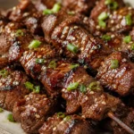 Close-up of juicy Korean BBQ beef skewers coated in a sweet and savory glaze with sesame seeds and green onions.