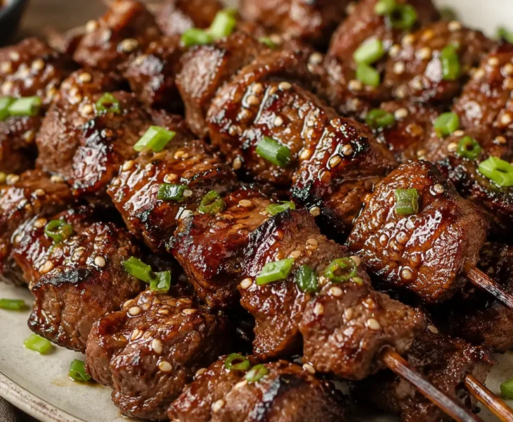 Close-up of juicy Korean BBQ beef skewers coated in a sweet and savory glaze with sesame seeds and green onions.