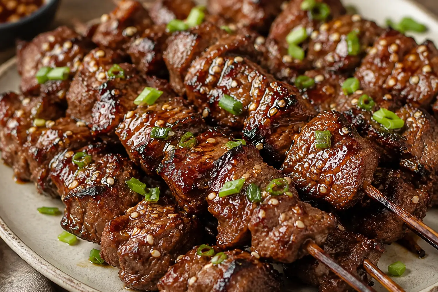 Close-up of juicy Korean BBQ beef skewers coated in a sweet and savory glaze with sesame seeds and green onions.
