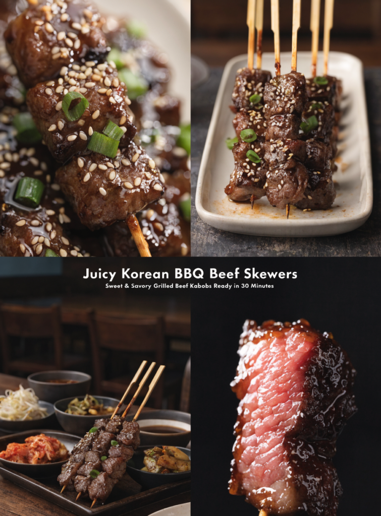 Collage featuring Korean BBQ beef skewers including close-up, serving platter, table presentation, and detailed beef texture views.