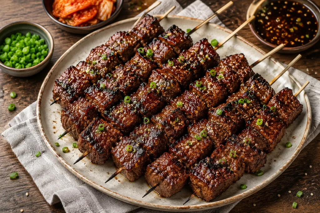 Korean BBQ beef skewers served on a platter with dipping sauce, green onions, and Korean side dishes.