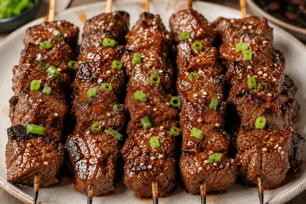 Front view of Korean BBQ beef skewers arranged on a serving platter with sesame seeds and green onion garnish.