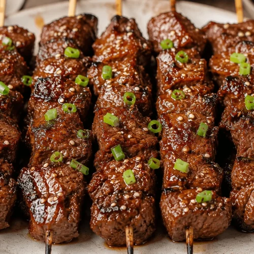 Front view of Korean BBQ beef skewers arranged on a serving platter with sesame seeds and green onion garnish.