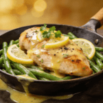 Front view of lemon butter chicken with green beans in a skillet topped with parsley and lemon slices for a healthy one-pan dinner.