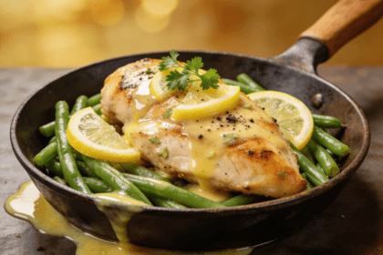 Front view of lemon butter chicken with green beans in a skillet topped with parsley and lemon slices for a healthy one-pan dinner.