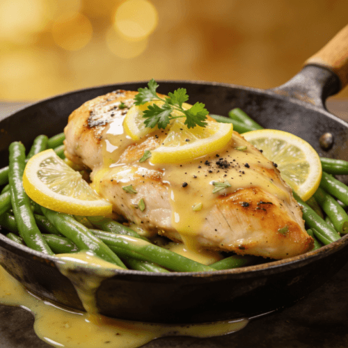 Front view of lemon butter chicken with green beans in a skillet topped with parsley and lemon slices for a healthy one-pan dinner.