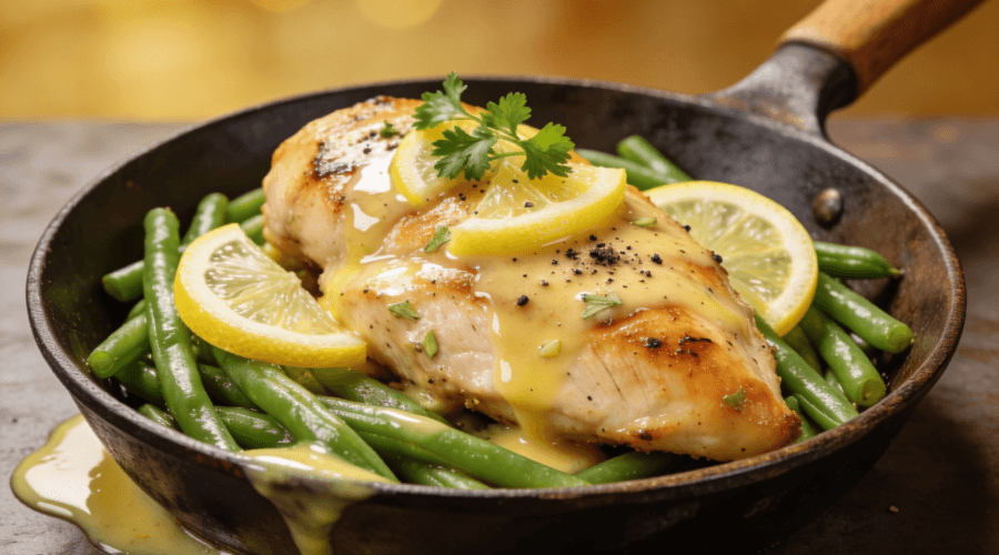 Front view of lemon butter chicken with green beans in a skillet topped with parsley and lemon slices for a healthy one-pan dinner.