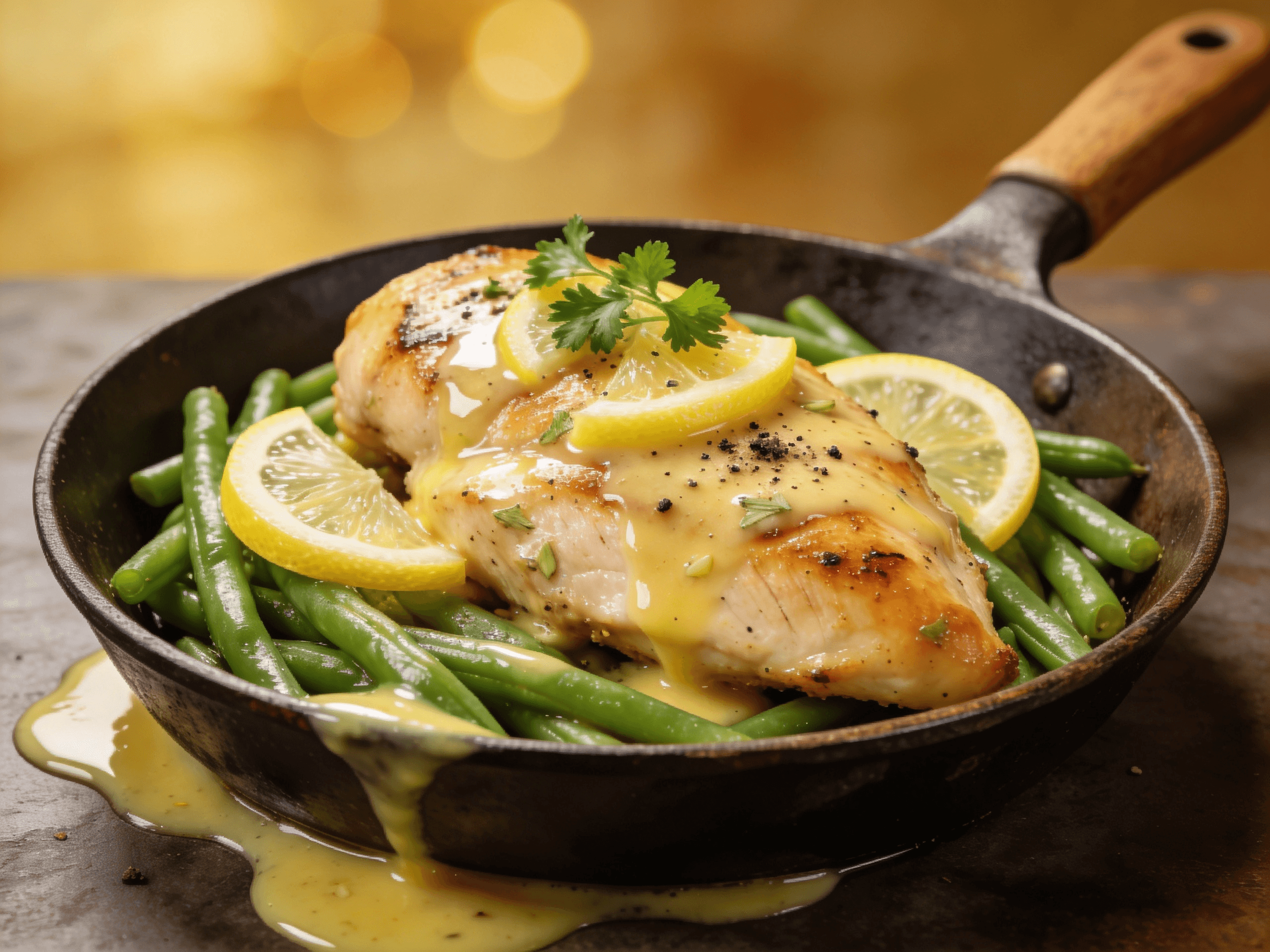 Front view of lemon butter chicken with green beans in a skillet topped with parsley and lemon slices for a healthy one-pan dinner.
