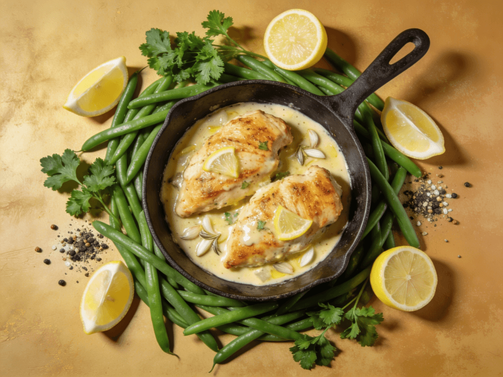 Top view of lemon butter chicken breasts with green beans and lemon slices in a cast iron skillet.