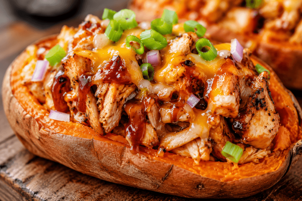Close-up of a loaded sweet potato stuffed with grilled BBQ chicken, melted cheese, red onion, and green onions.