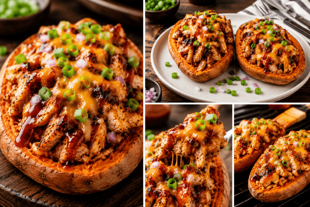 Collage of loaded BBQ chicken stuffed sweet potatoes showing close-up, plated, cheesy pull, and grilled presentation views.