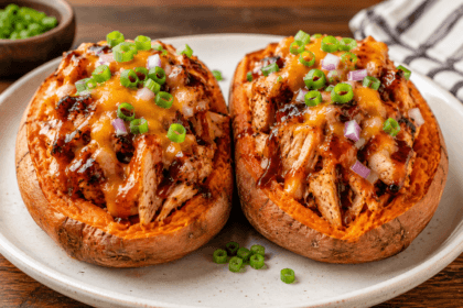 Front view of two BBQ chicken stuffed sweet potatoes topped with melted cheese, barbecue sauce, and green onions.